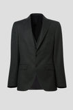 Three-piece suit with waistcoat in brown pinstripe wool flannel with blue line