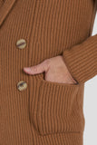 Cardigan doppiopetto in lana e cashmere a costa inglese cammello