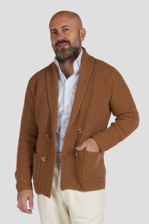 Cardigan doppiopetto in lana e cashmere a costa inglese cammello