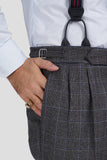 Grey/blue Prince of Wales double pleated wool trousers