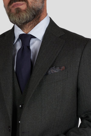 Three-piece suit with waistcoat in brown pinstripe wool flannel with blue line