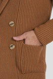 Double-breasted cardigan in camel English rib wool and cashmere