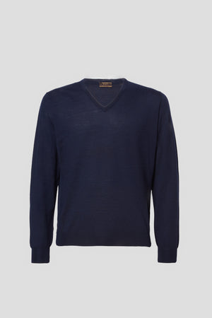 Wool silk cashmere sweater with blue V-neck