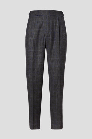 Grey/blue Prince of Wales double pleated wool trousers